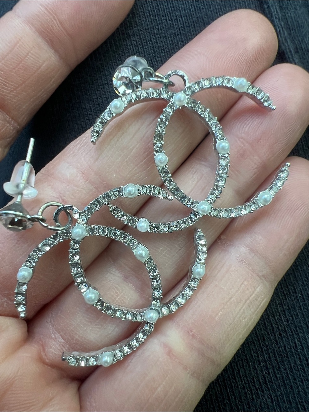 CHANEL Silver-Tone Crystal & Pearl CC Drop Earrings - Picture 6 of 8